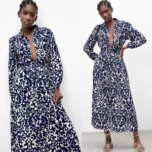 ❤️Zara Navy and Cream Patterned Belted Dress☆